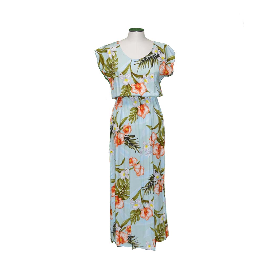 Akupu Orchid Green Maxi Hawaiian Dress With Sleeves Akupu Orchid Green Maxi Hawaiian Dress With Sleeves