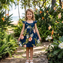 Load image into Gallery viewer, Little girl wearing the Akupu Orchid rayon girls hawaiian dress with flutter sleeves, handmade in Honolulu.