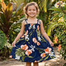 Load image into Gallery viewer, the premium rayon fabric featuring the exclusive Akupu Orchid hawaiian print girls dress pattern.