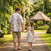 Load image into Gallery viewer, Man and daughter modeling matching tropical sets in exclusive Anthurium print, authentic island style family clothing by Ky's.