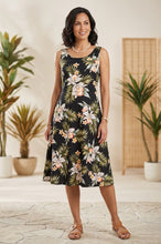 Load image into Gallery viewer, Woman wearing an elegant black Orchid floral dress, a premium flowy rayon Hawaiian dress for women handmade in Hawaii