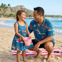 Load image into Gallery viewer, Father and daughter wearing festive matching Christmas tropical Hawaiian matching sets, featuring a men's Aloha shirt and a girls' dress handmade by Ky's Hawaiian Shirt from 100% cotton poplin in Honolulu.
