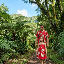 Load image into Gallery viewer, Father and daughter modeling matching orchid tropical sets in exclusive Classic Orchid print, authentic island style family clothing by Ky's Hwaiian Shirts