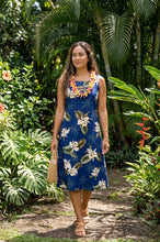 Load image into Gallery viewer, Woman wearing a navy blue Classic Orchid Hawaiian midi dress for women, handmade in Hawaii