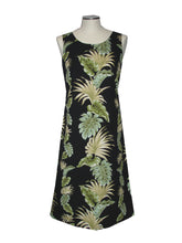 Load image into Gallery viewer, Black sleeveless dress with tropical leaf pattern on a mannequin against a white background