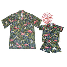 Load image into Gallery viewer, Family wearing matching Flamingo Garden print Hawaiian shirts by KY’S®