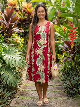 Load image into Gallery viewer, Handmade Leaf Print Hawaiian Midi Dress in Cotton Poplin Sizes S to 3XL.