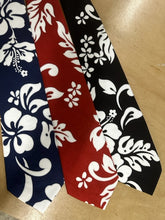 Load image into Gallery viewer, Close-up of 100% cotton hibiscus print necktie – made by Edens Hawaii