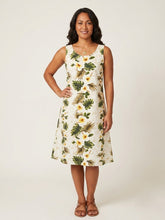 Load image into Gallery viewer, Woman wearing a crisp white Yellow Hibiscus Hawaiian dress for women, an A-line knee-length women's Aloha dress handmade in Hawaii.