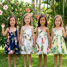 Load image into Gallery viewer, Girls Hawaiian dress in exclusive Coral Hibiscus print, 100% cotton poplin kids aloha dress handmade in Honolulu, Hawaii.