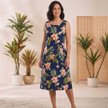 Load image into Gallery viewer, Woman wearing a navy blue Coral Hibiscus Hawaiian dress for women, an A-line knee-length women's Aloha dress handmade in Hawaii