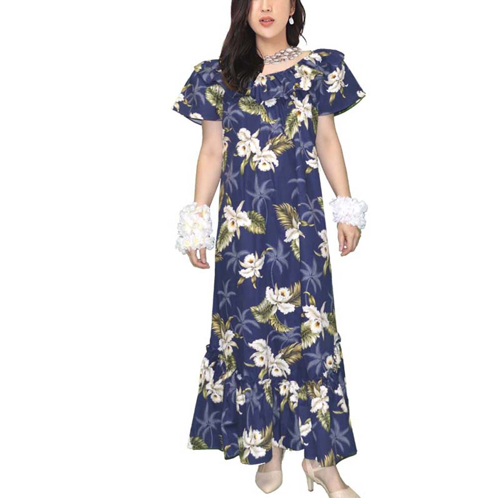 Long Navy Hawaiian Muumuu Dress for Women – Classic Orchid Floral