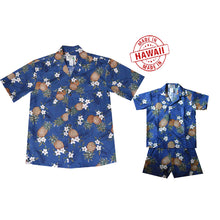 Load image into Gallery viewer, Dad and son wearing matching pineapple print Hawaiian shirts made in Hawaii