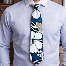 Load image into Gallery viewer, A men's necktie with Blue Lei Hibiscus Hawaiian necktie made in Hawaii, 100% cotton poplin tropical tie with matching Hawaiian shirt and dress print
