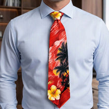 Load image into Gallery viewer, A man wearing a light blue dress shirt and a red tropical print necktie with yellow flowers and black palm trees.