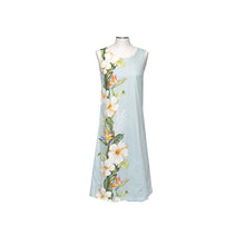 Load image into Gallery viewer, Light blue sleeveless dress with floral pattern on a mannequin against a white background