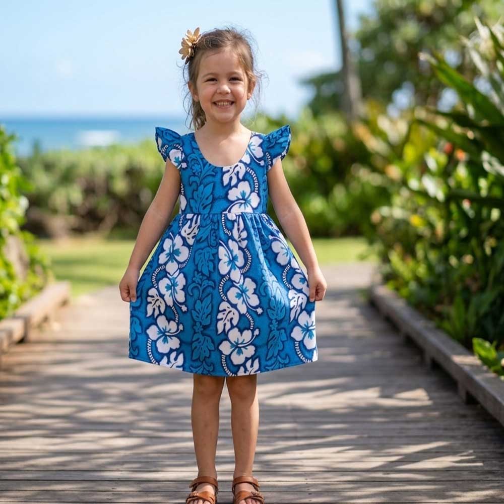 Hibiscus Lei Girls Aloha Sundress with Flutter Sleeves