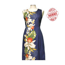 Load image into Gallery viewer, Navy blue dress with floral patterns on a mannequin, 'Made in Hawaii' stamp visible.