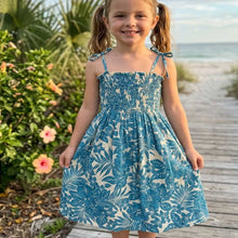 Load image into Gallery viewer, the flexible elastic smocking on a girls tropical tube dress for ages 2 to 8.
