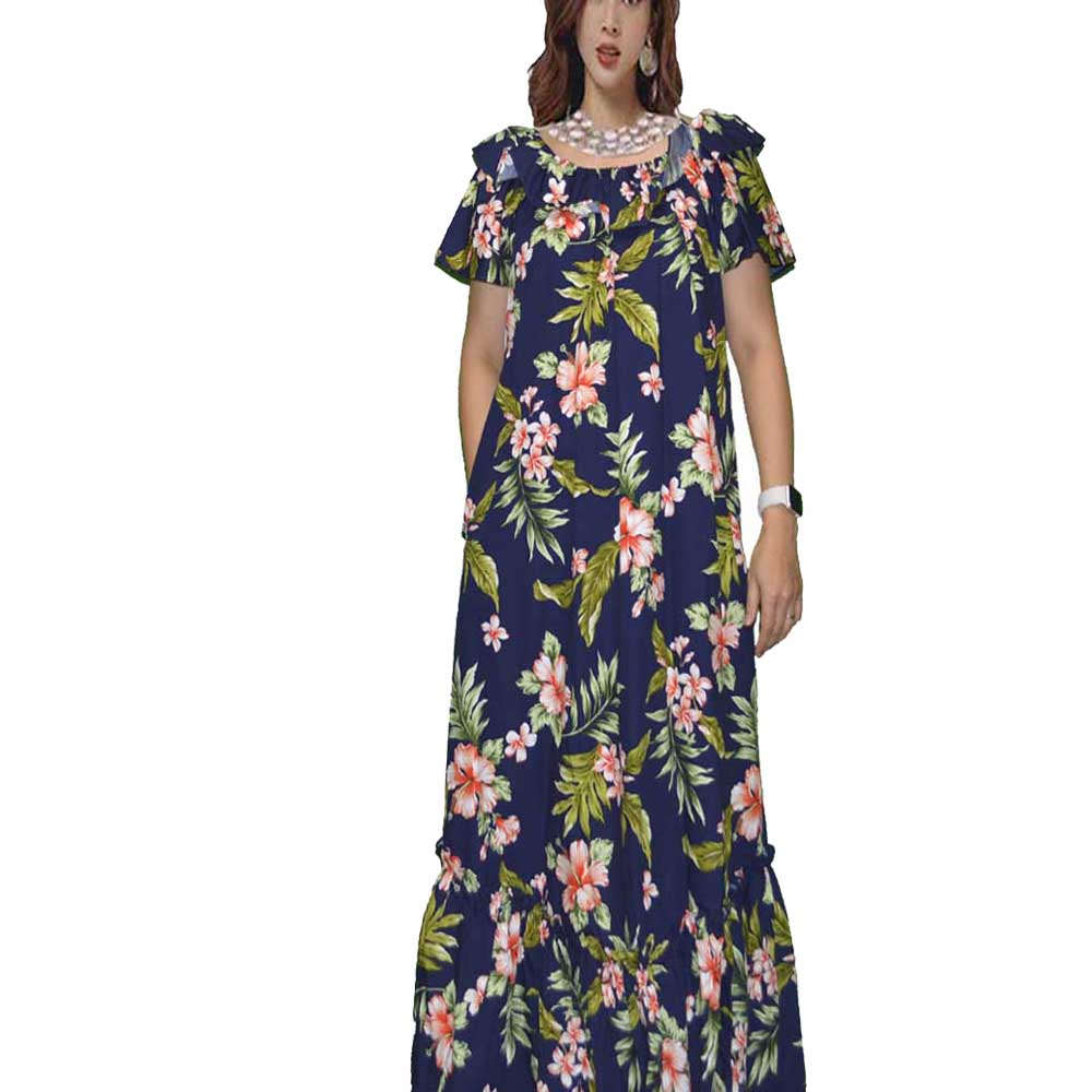 women's muumuu dresses Long Navy Hawaiian Muumuu Dress for Women – Hibiscus Handmade Aloha Wear Navy/Coral / 2XL