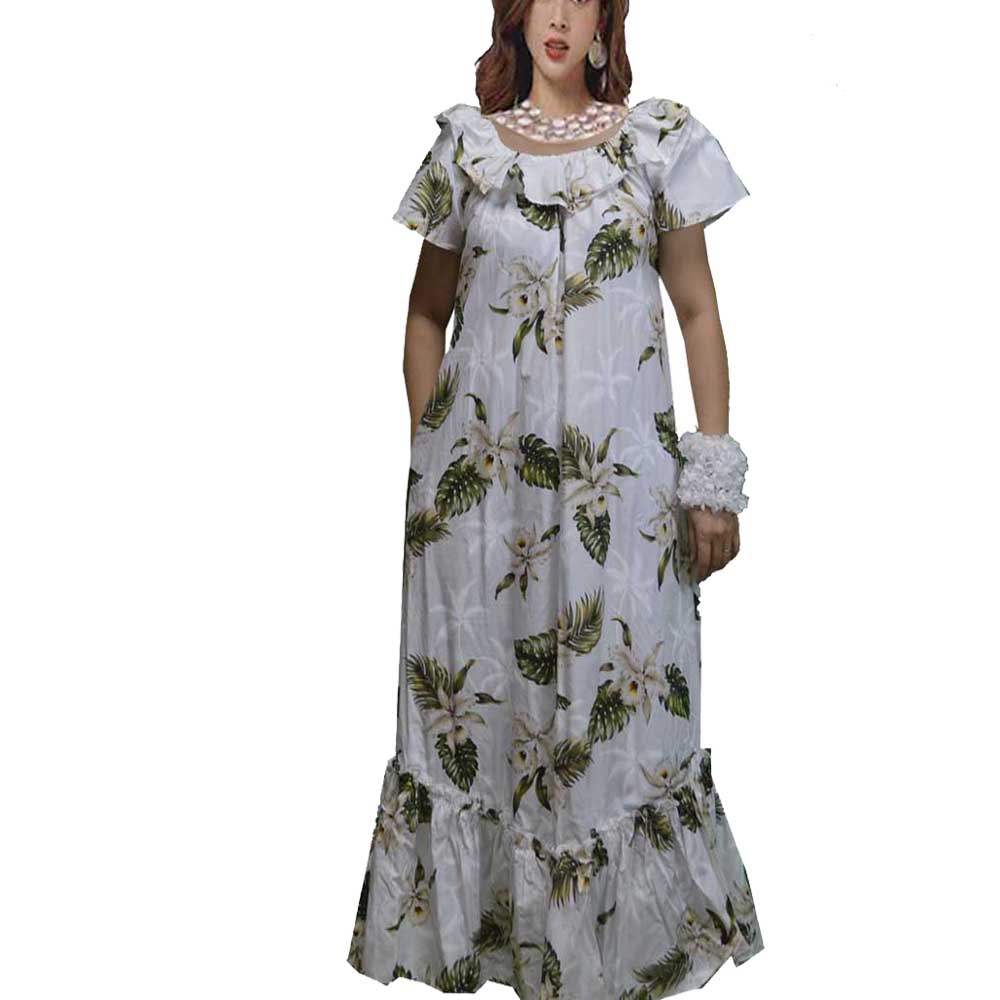 white muumuu dress Amara Muumuu Factory This beautiful relax fit pull over style long Muumuu dresses Hawaiian is made with 100% cotton fabric in white color in sizes from S Pacific Legend - Wedding Flower