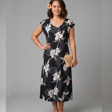 Load image into Gallery viewer, Lulumahu Orchid Hawaiian Bias Dress for women in black, premium rayon midi dress handmade in Hawaii.