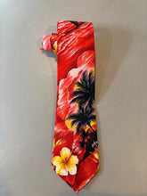 Load image into Gallery viewer, A red Hawaiian tie featuring a tropical print with black palm trees, yellow and white hibiscus flowers, and a sunset gradient, laid flat on a gray surface.