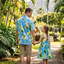 Load image into Gallery viewer, Father and daughter wearing matching tropical outfits in the exclusive Ohana Orchid print, authentic Hawaiian clothing by Ky's.