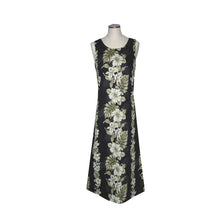 Load image into Gallery viewer, Black sleeveless dress with floral pattern on a mannequin against a white background