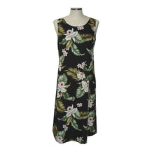 Load image into Gallery viewer, Black sleeveless dress with tropical floral pattern on a mannequin against a white background