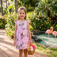 Load image into Gallery viewer, Little girl wearing the Pink Flamingo cotton girls hawaiian dress with flutter sleeves, handmade in Honolulu.