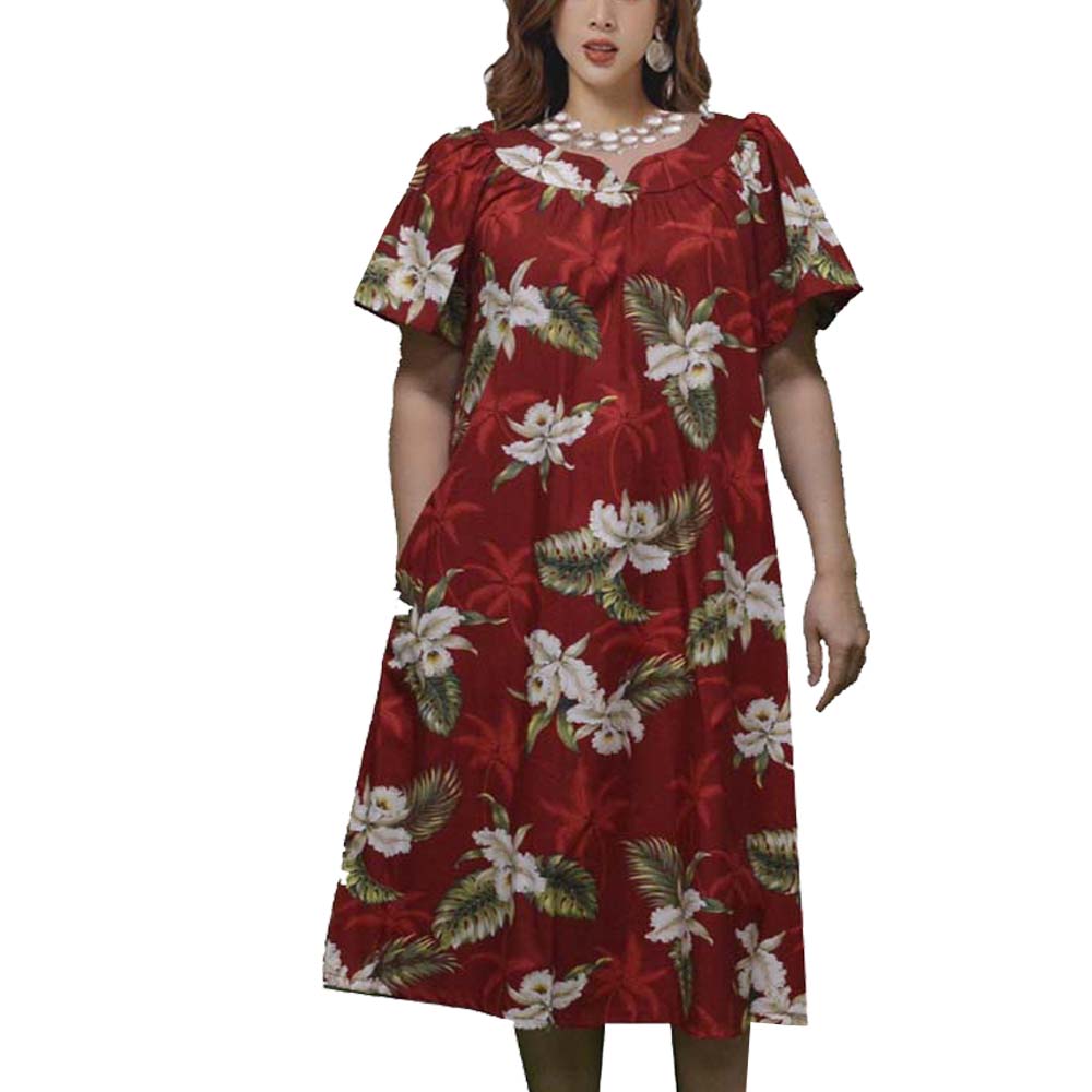 Orchids Makani Short Muumuu Hawaiian Dress Red / 2XL