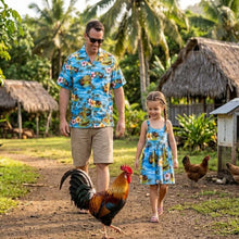 Load image into Gallery viewer, Father and daughter wearing matching tropical Hawaiian sets in the exclusive Rooster print, authentic made in Hawaii matching outfits by Ky's.