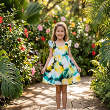 Load image into Gallery viewer, Little girl wearing the Watercolor Hibiscus rayon girls hawaiian dress with flutter sleeves, handmade in Honolulu.