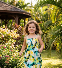 Load image into Gallery viewer, Little girl wearing the Watercolor Hibiscus kids aloha dress, an authentic girls hawaiian dress handmade in Honolulu.