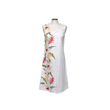 Load image into Gallery viewer, White dress with floral patterns on a mannequin against a white background