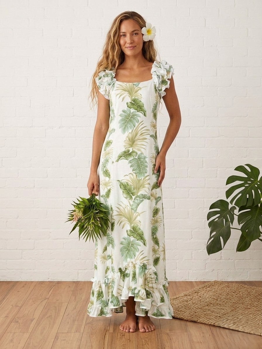 white muumuu dress Hawaiian Leaf Muʻumuʻu Dance Long Ruffle Women's Sundresses Color:Ivory Silver This beautiful relax fit wedding guest 20260415