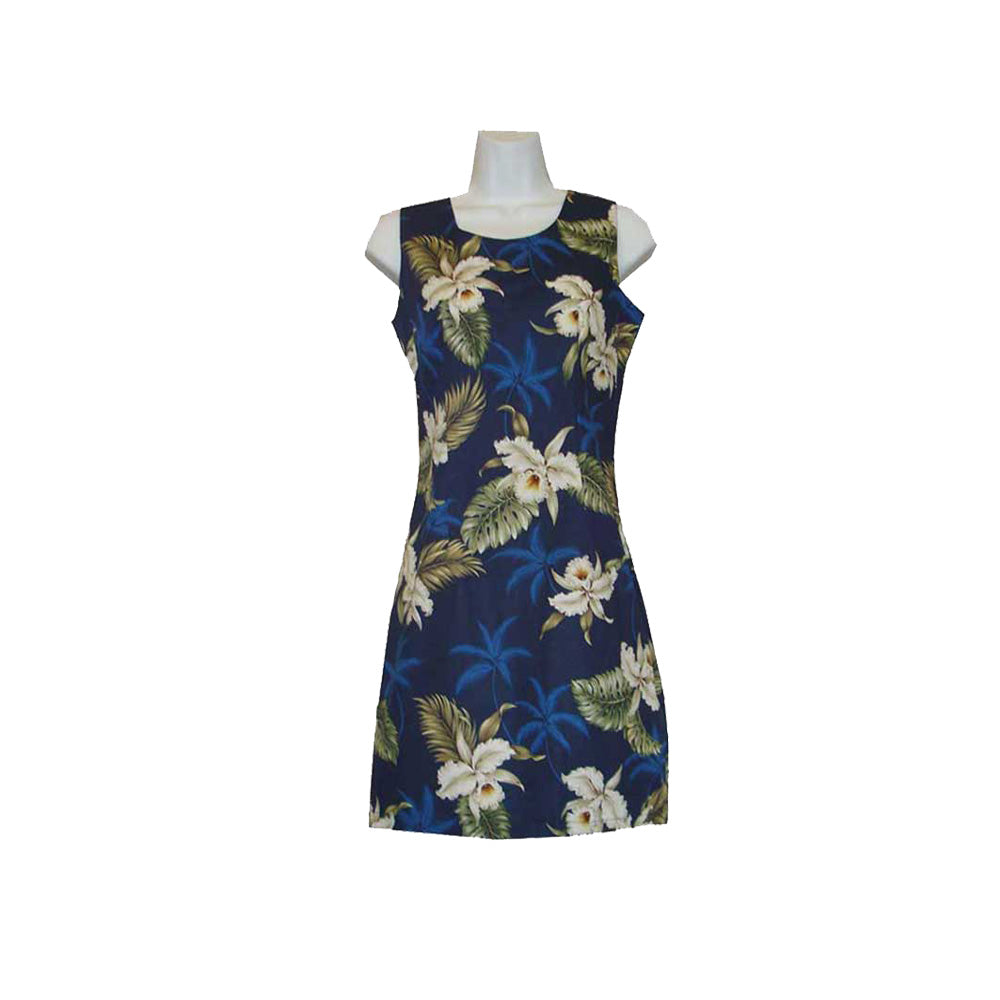 White Orchid Navy Hawaiian Short Tank Dress 100 Cotton Dress Handmade in Hawaii Navy / L White Orchid Navy Hawaiian Short Tank Dress 100 Cotton Dress Handmade in Hawaii Navy / L