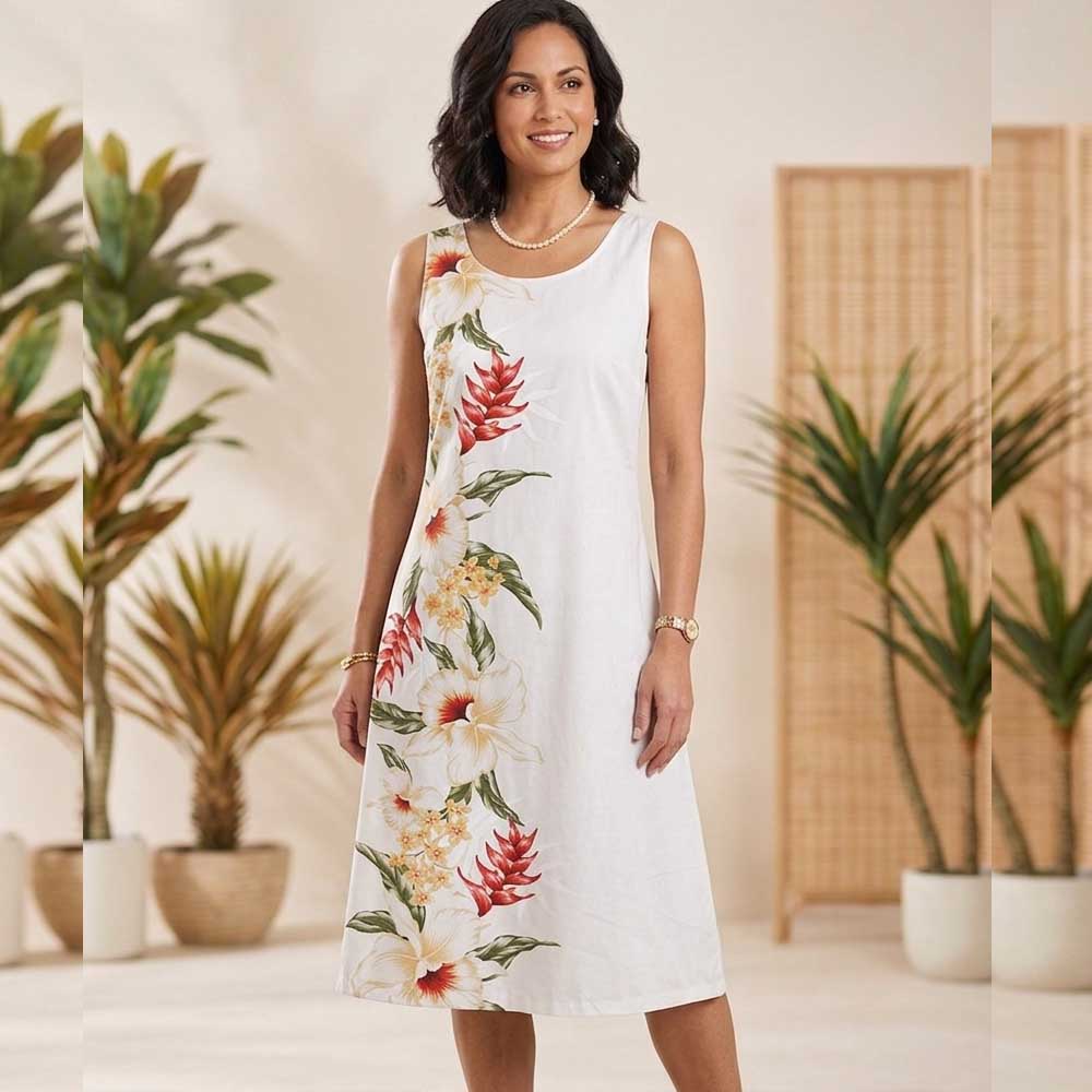 White Orchid Side Hawaiian Midi Dress | Handmade in Honolulu Edens Hawaii White Orchid Side Hawaiian Midi Dress | Handmade in Honolulu Edens Hawaii