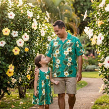 Load image into Gallery viewer, Father and daughter modeling matching tropical sets in exclusive Yellow Hibiscus print, authentic island style family clothing by Ky's.