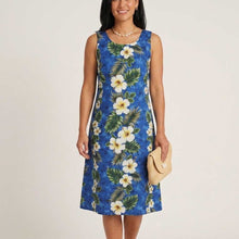 Load image into Gallery viewer, authentic handmade in Hawaii blue A-line midi Hawaiian dress for women with a vibrant yellow hibiscus floral print.