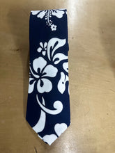 Load image into Gallery viewer, Navy Hawaiian tie with classic white hibiscus floral print – handcrafted in Hawaii