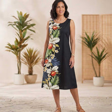 Load image into Gallery viewer, Authentic Handmade Black Hilo Orchid Side Hawaiian Midi Dress in Cotton Poplin.