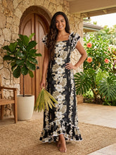 Load image into Gallery viewer, Black vintage hibiscus Hawaiian muumuu dance dress long ruffle made in Hawaii