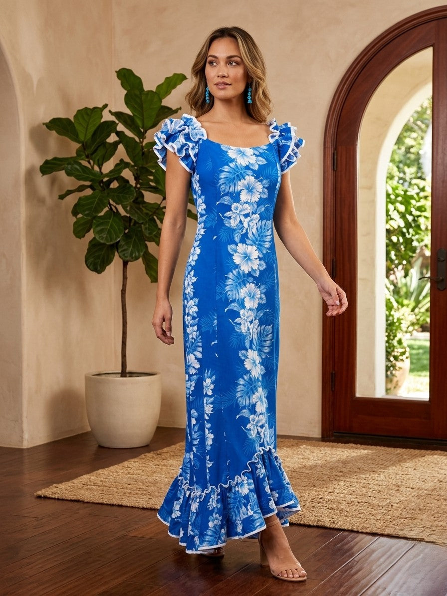 blue hibiscus dress White Muʻumuʻu Dance Long Ruffle Color Navy Blue DZ9453 Long Sleeves Black it rolls up into Jacket Size:52