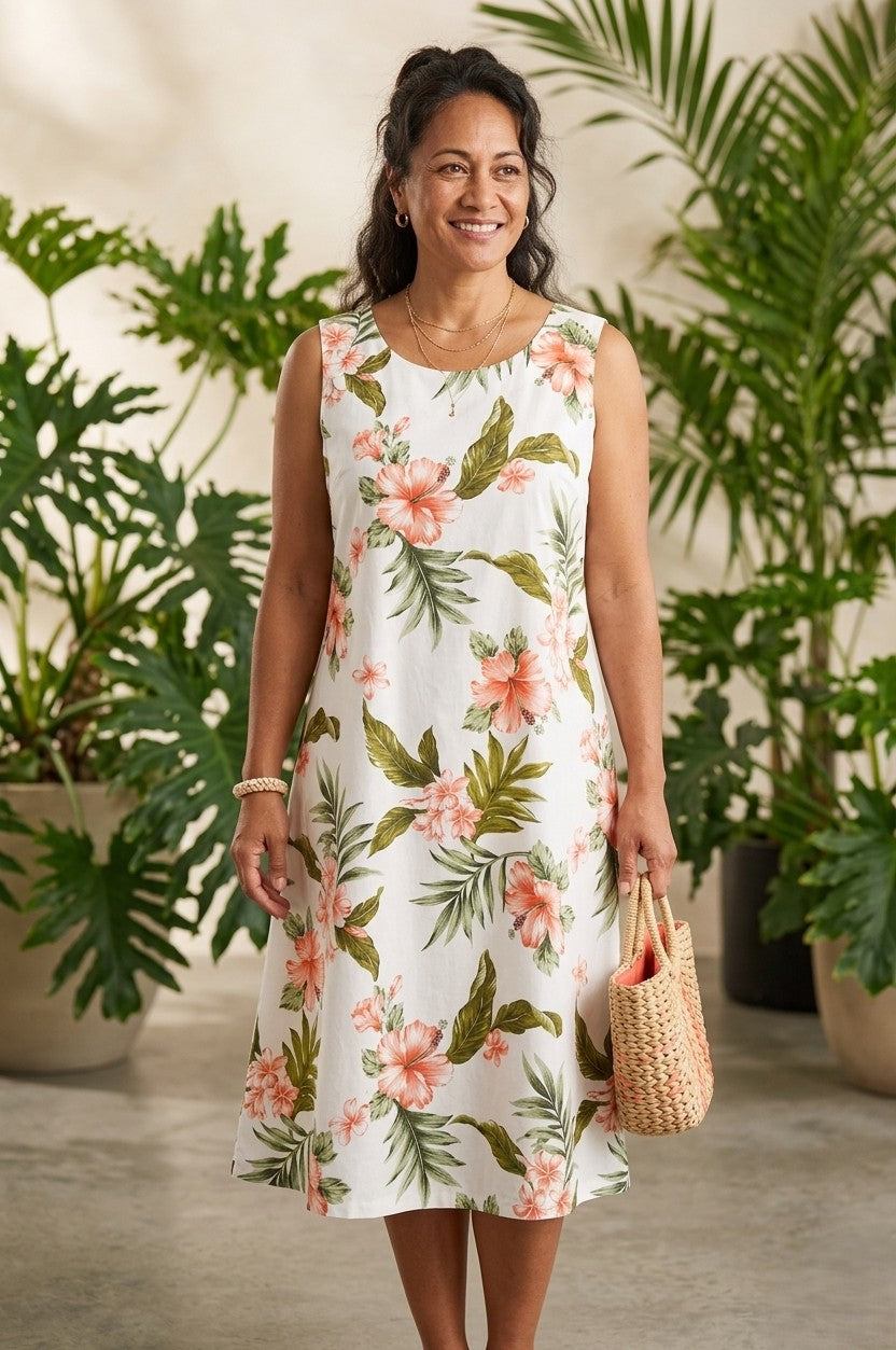 Coral Hibiscus Hawaiian Midi Dress