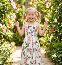 Load image into Gallery viewer, Little girl wearing the Coral Hibiscus cotton girls hawaiian dress, an authentic kids aloha wear style handmade in Honolulu.