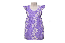Load image into Gallery viewer, the knee-length A-line silhouette on a tropical dress for girls featuring a vibrant floral lei print.