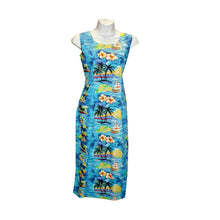 Load image into Gallery viewer, Long Hawaiian dress with yellow hibiscus print on blue, sleeveless cotton tank style with slits and back zipper – Made in Hawaii