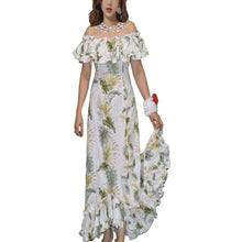 Load image into Gallery viewer, Woman wearing a handmade traditional muumuu dress in white with Hawaii leaf print, featuring off-shoulder ruffled neckline, fishtail hem, and maxi length – an authentic cotton Hawaiian muumuu dress perfect for luaus and tropical events.